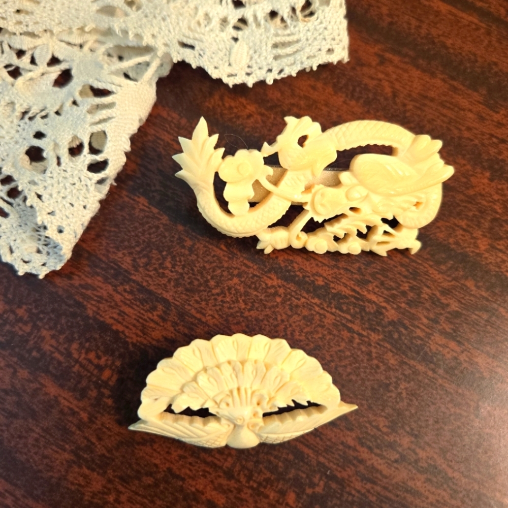 Vintage, Ivory/Bone Color Pins, Chinese Dragon, Feathered Bird, HongKong, 1990's